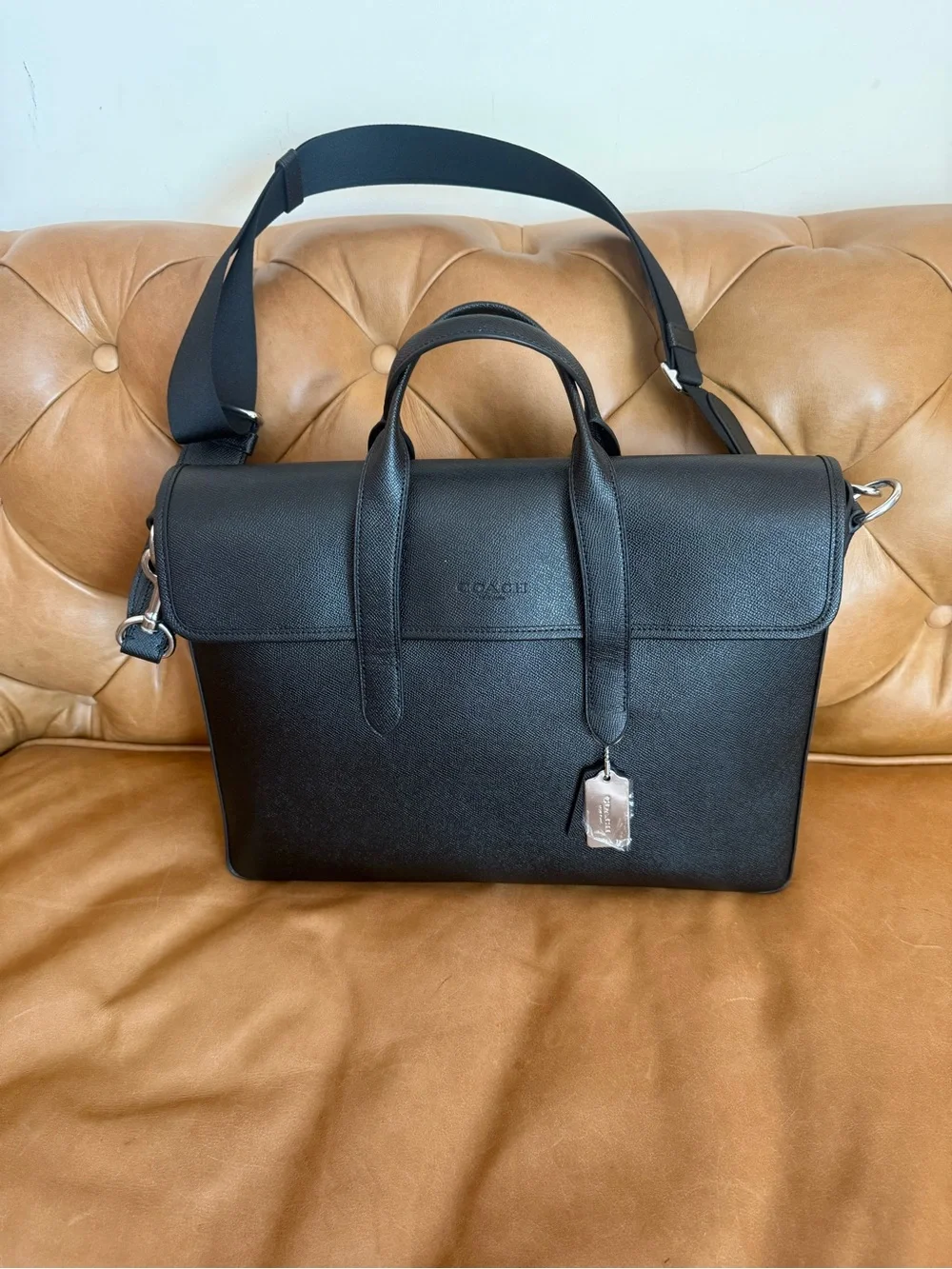 Coach Black Leather Men's Tote with Silver Signature Tag